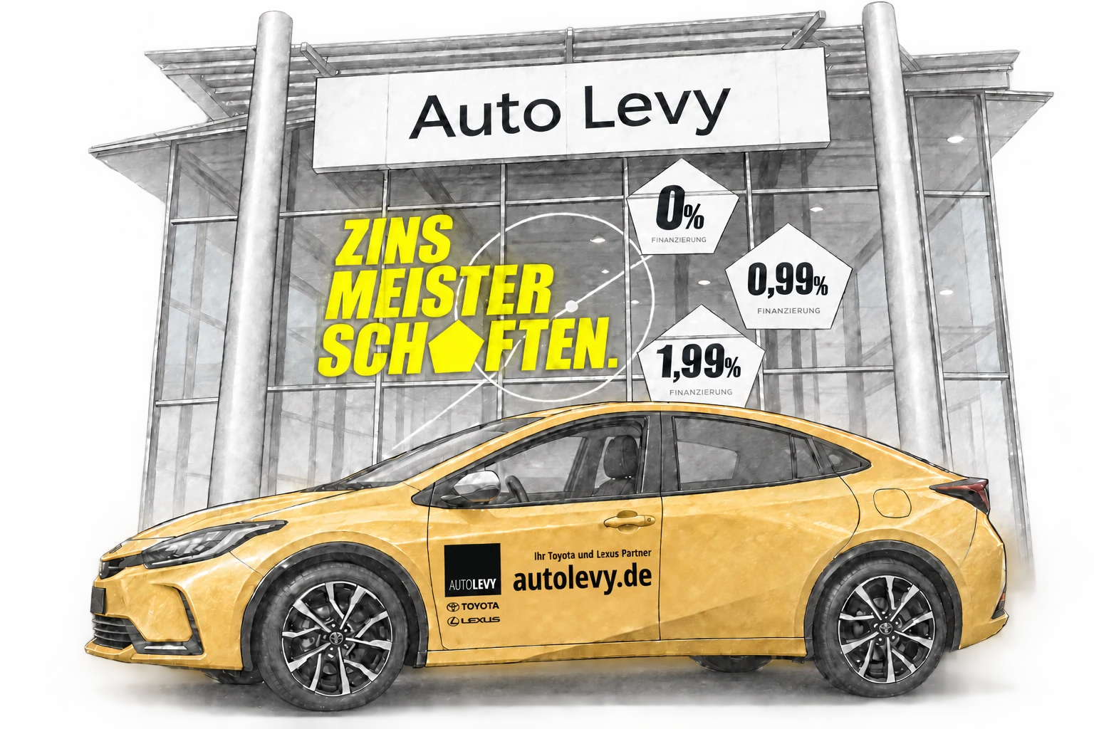 Stilisiertes Referenzmotiv: AUTOLEVY mit beschriftetem Fahrzeug und Schaufensterwerbung