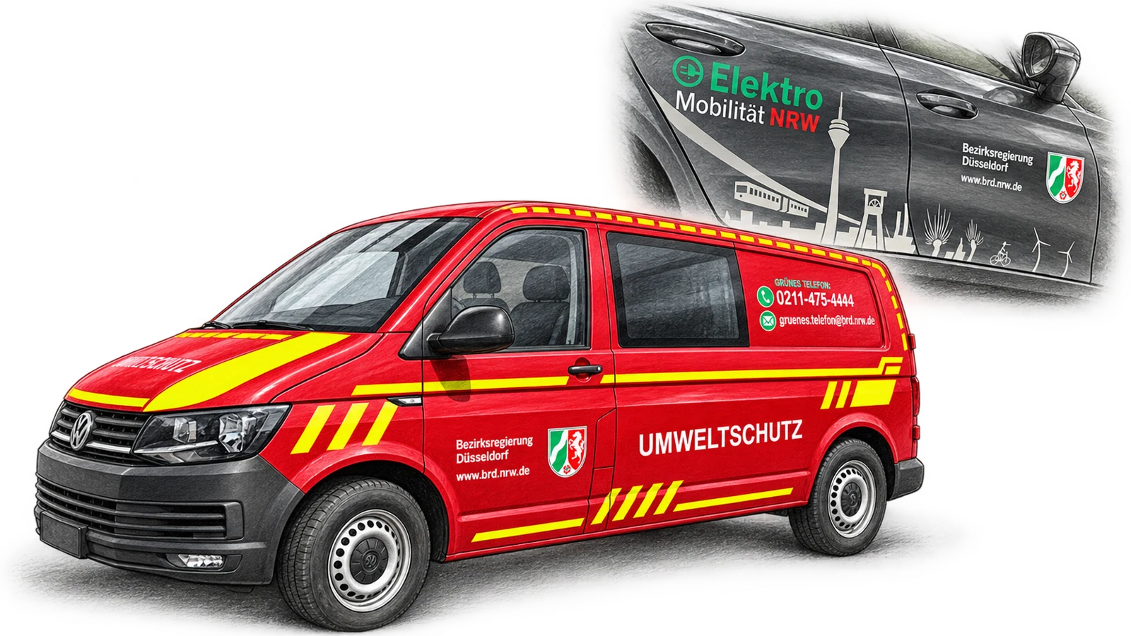 Zeichnung zweier Fahrzeugbeschriftungen für die Bezirksregierung Düsseldorf: Umweltschutz und Elektromobilität